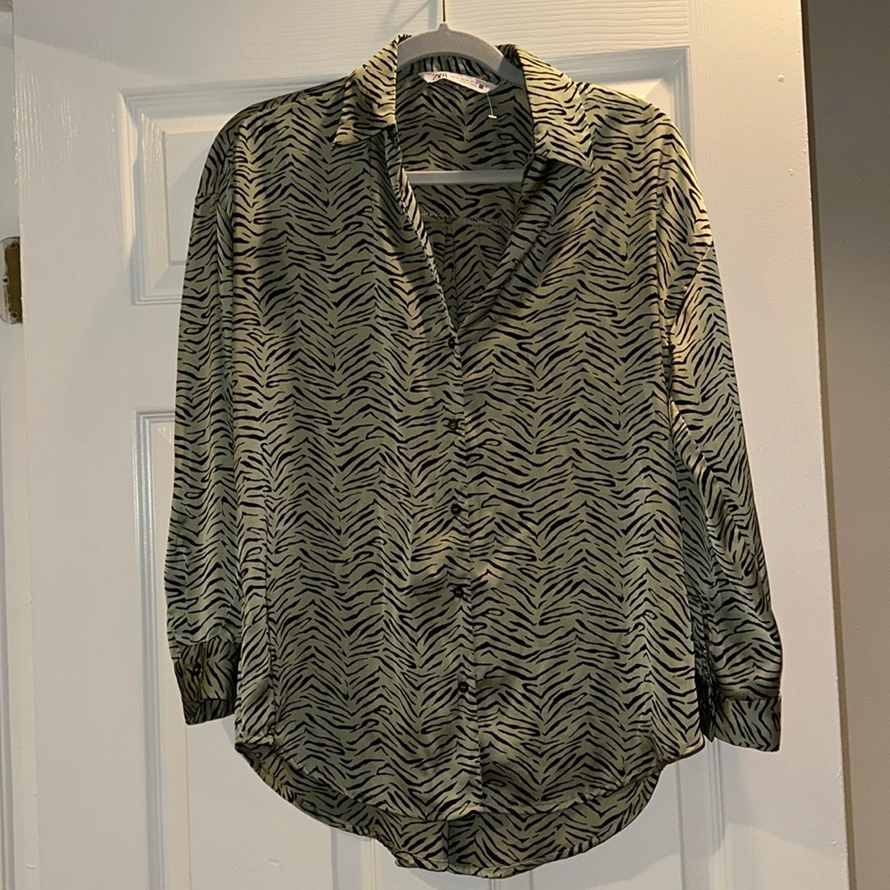 Green and black zebra Zara button up silky blouse